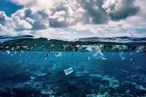 underwater front view on polluted plastic water ocean or sea wave