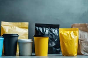 focus is on reusable containers contrasting sharply with single-use plastic bags and cups, emphasizing environmental impact