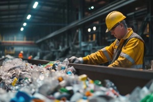 worker sorting recyclable plastic bottles at a recycling facility